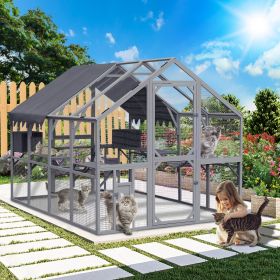 Outdoor Cat House Cat Enclosures 110" Large Kitten Playpen with Platforms,Upgrade Waterproof Cover-grey (Main Material: Metal & Wood, Main Color: Blue+Grey)